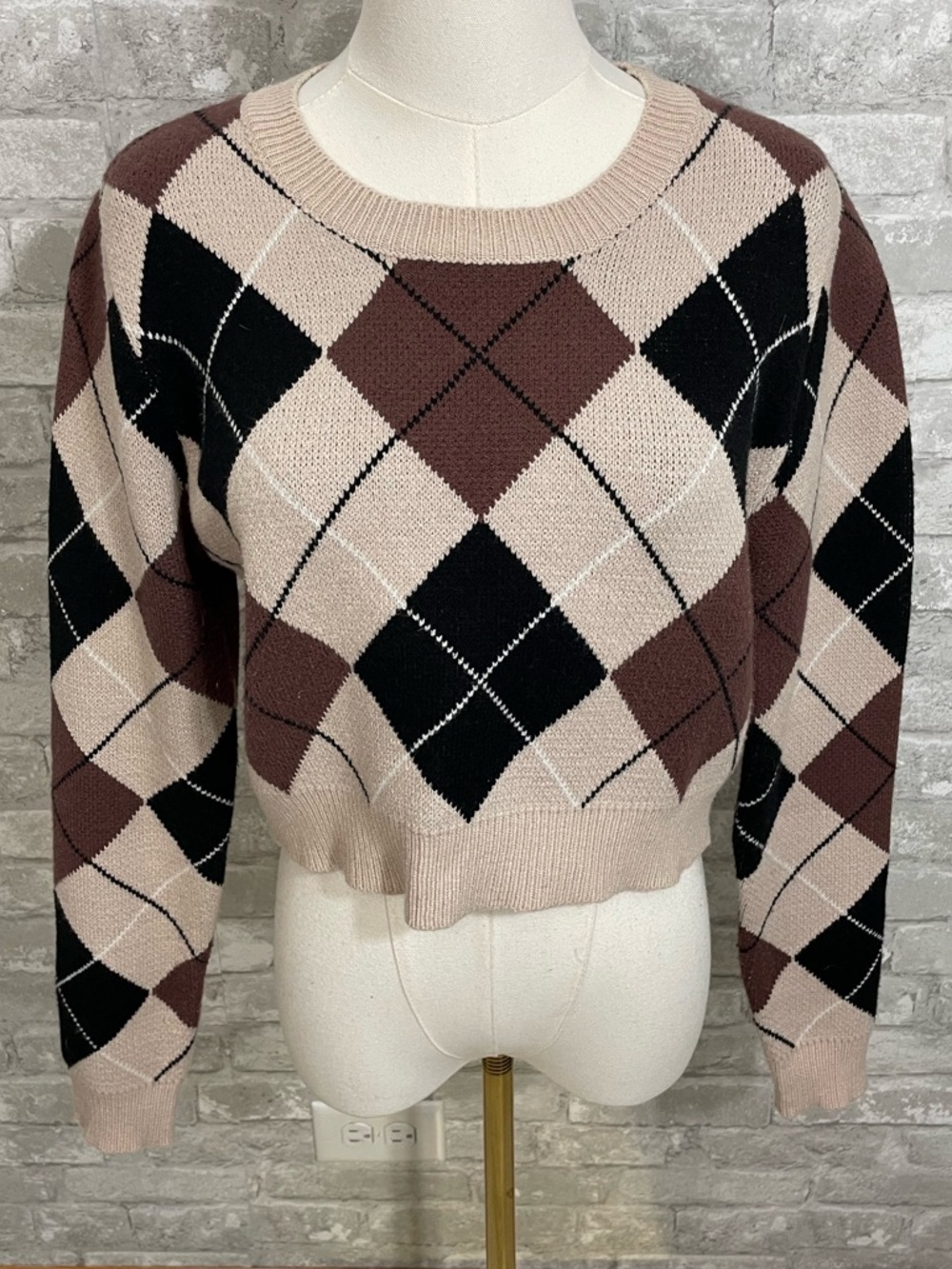 Altar'd State Brown and Black Argyle Crewneck Sweater